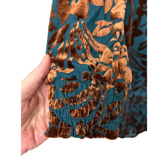 Cozy Co Burnout Velvet Floral Button Front Shirt Dress Teal Brown Medium Boho - Picture 8 of 14